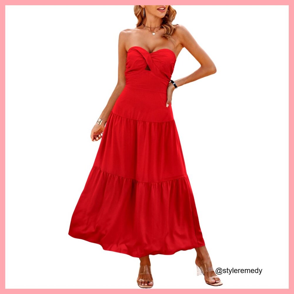 Strapless Maxi Dress Off Shoulder Hollow Out Smocked A Line Summer Formal